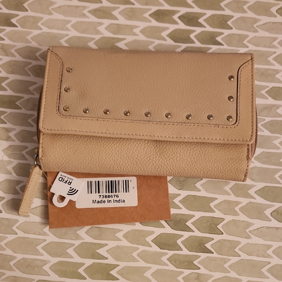Beige Pebbled Leather Studded Women's Wallet - Picture 1 of 3